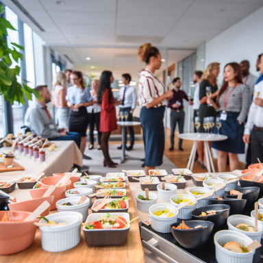 A variety of food spreads with people chatting at a business event.